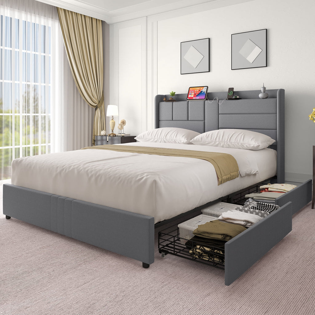 Queen Size Upholstered Platform Bed with Storage Drawers G866