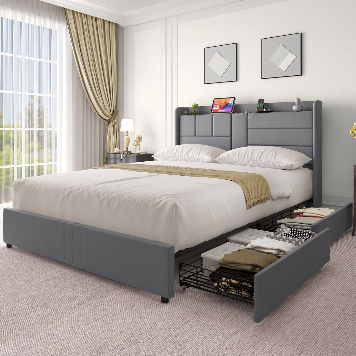 Queen Size Upholstered Platform Bed with Storage Drawers G866