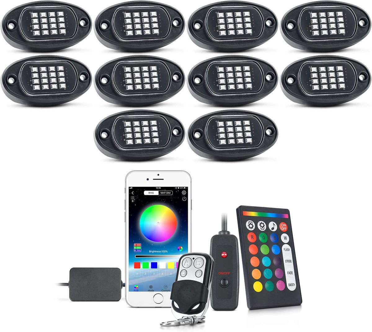 10 Pods RGB LED Rock Lights with APP/Double RF Remote Control for Cars Off Road SUV ATV UTV Vehicles Pack of 2 A151