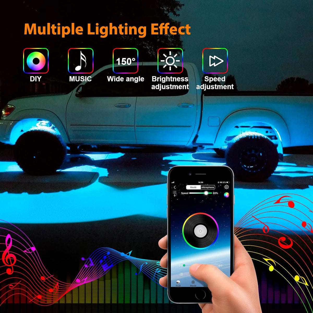 10 Pods RGB LED Rock Lights with APP/Double RF Remote Control for Cars Off Road SUV ATV UTV Vehicles Pack of 2 A151