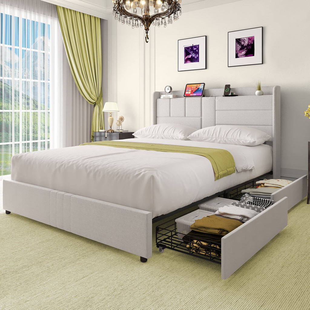 Queen Size Upholstered Platform Bed with Storage Drawers G866
